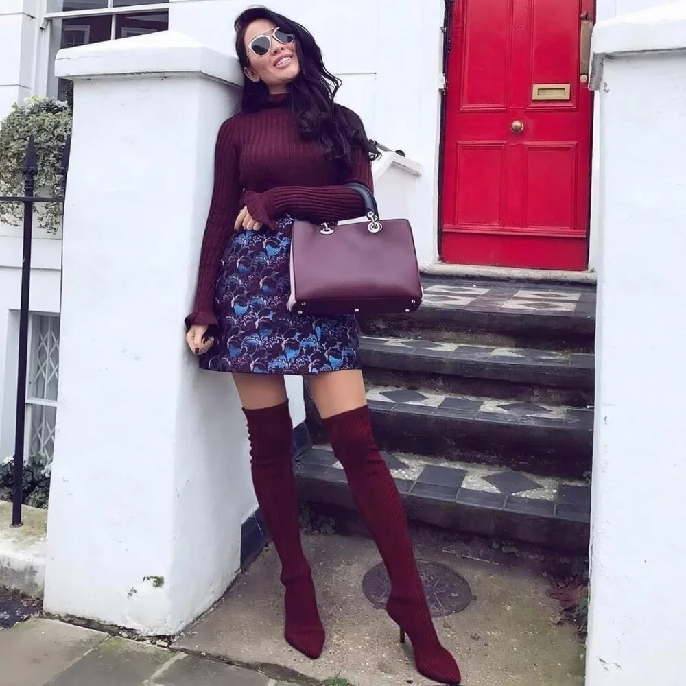 Women's Claret Thigh High Socks Pointed Toe Over-the- Knee High Heel Boots